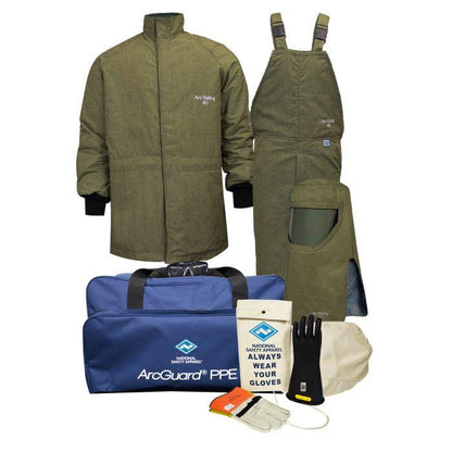 Arc Flash Kit - 40 Cal - Short Coat, Bib Overall, Hood, Safety Glasses, Gear Bags, and Voltage Gloves - National Safety Apparel