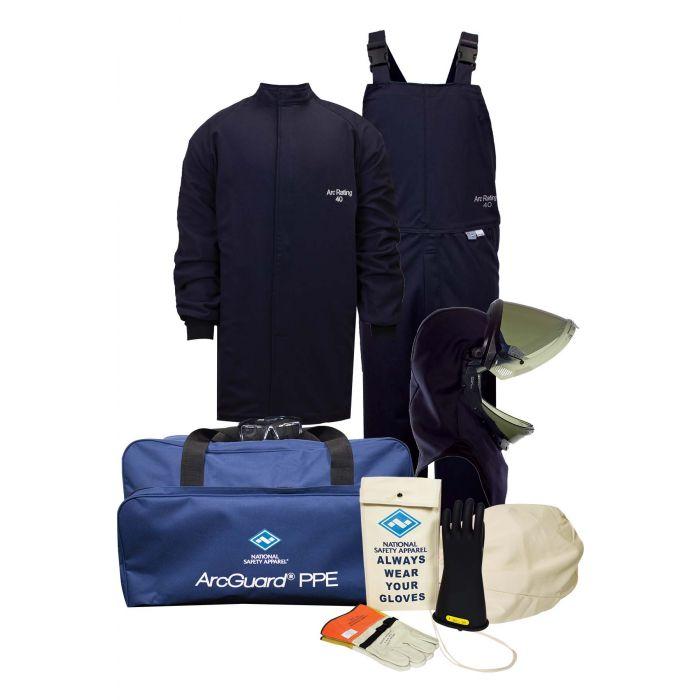 Arc Flash Kit - 40 Cal - Short Coat, Bib Overall, Lift Front Hood, Safety Glasses, Gear Bags, and Voltage Gloves - National Safety Apparel