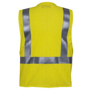 Hi-Vis Safety Road Vest - Fire (FR) and Arc Flash Resistant, Silver FR Solid Reflective Trim, Four Pockets, Type R Class 2 - National Safety Apparel