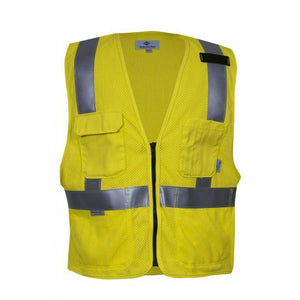 Hi-Vis Safety Road Vest - Fire (FR) and Arc Flash Resistant, Silver FR Solid Reflective Trim, Four Pockets, Type R Class 2 - National Safety Apparel