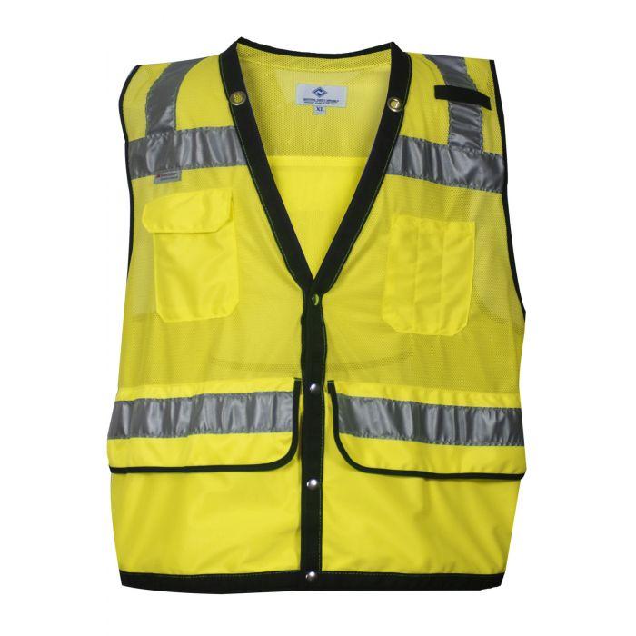 Hi-Vis Construction Survey Vest - FR Silver Segmented Reflective Trim, Snap Front, Survey Pocket, Type R Class 2 - National Safety Apparel