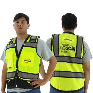 Hi Vis Heavy Duty Surveyor's Mesh Vest (PK 5 Vests) - ANSI 2, Type R, Snaps Close