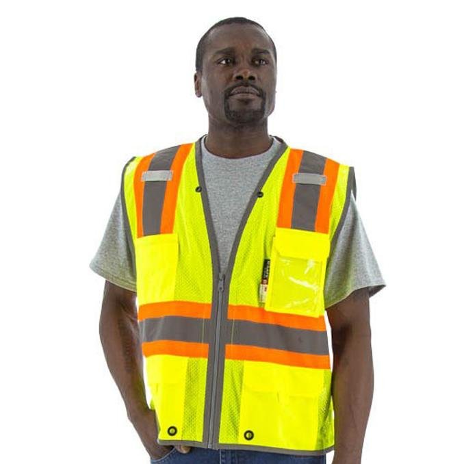 High Visibility Mesh Safety Vest (PK 5 Vests) - 2-Tone DOT Striping, D-Ring Pass, Zipper Close