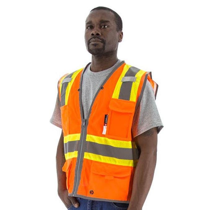 High Visibility Mesh Safety Vest (PK 5 Vests) - 2-Tone DOT Striping, D-Ring Pass, Zipper Close