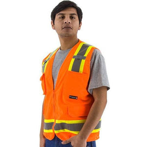 High Visibility Surveyors Safety Vest (PK 5 Vests) - DOT Striping, Mesh Back, Zipper Close