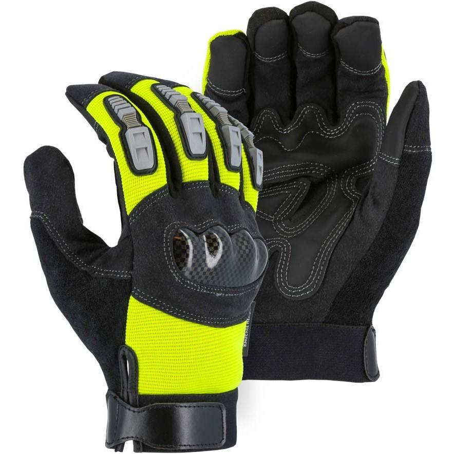 Impact Resistant Mechanics Glove with Armor Skin Palm, High Visibility, Velcro Adjustable Wrist (PK 12 Pairs) - Majestic Knucklehead