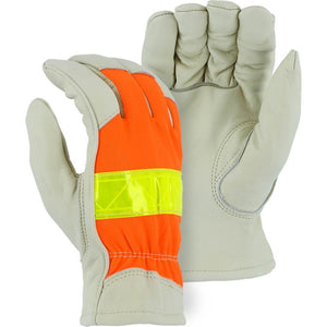 Leather Drivers Glove - A-Grade Cowhide Palm, Winter Lined, Keystone Thumb, 3M Reflective High Visibility, Majestic (PK 12 Pairs)