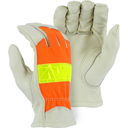 Leather Drivers Glove - A-Grade Cowhide Palm, Winter Lined, Keystone Thumb, 3M Reflective High Visibility, Majestic (PK 12 Pairs)