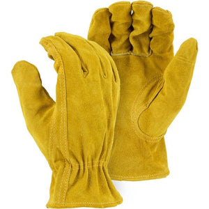 Leather Drivers Glove - Gold Shoulder Split Cowhide, Keystone Thumb, Shirred Back, Majestic (PK 12 Pairs)