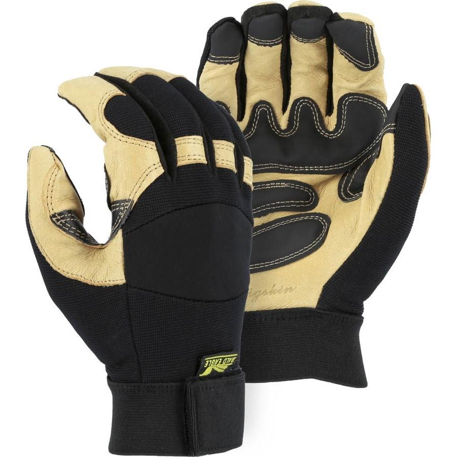 Leather Mechanics Glove with Grip Patches on A-Grade Pigskin Leather Palm - Adjustable Wrist Velcro (PK 12 Pairs) - Majestic